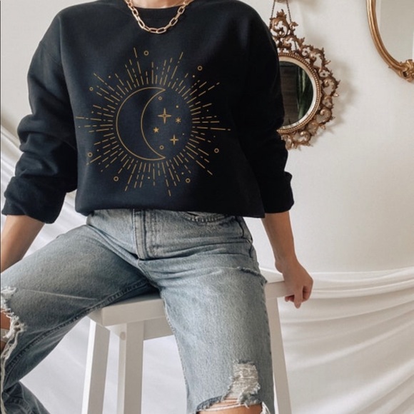 Boho Celestial Moon Sunburst Made-To-Order Black Crewneck Sweatshirt - Picture 1 of 3